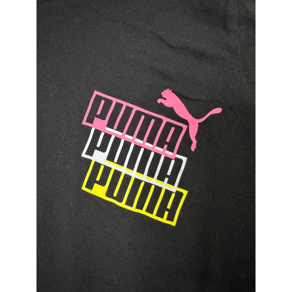 Puma Womens Black Graphic Tee Short Sleeve Pink Yellow Logo T-Shirt XS - Picture 3 of 5